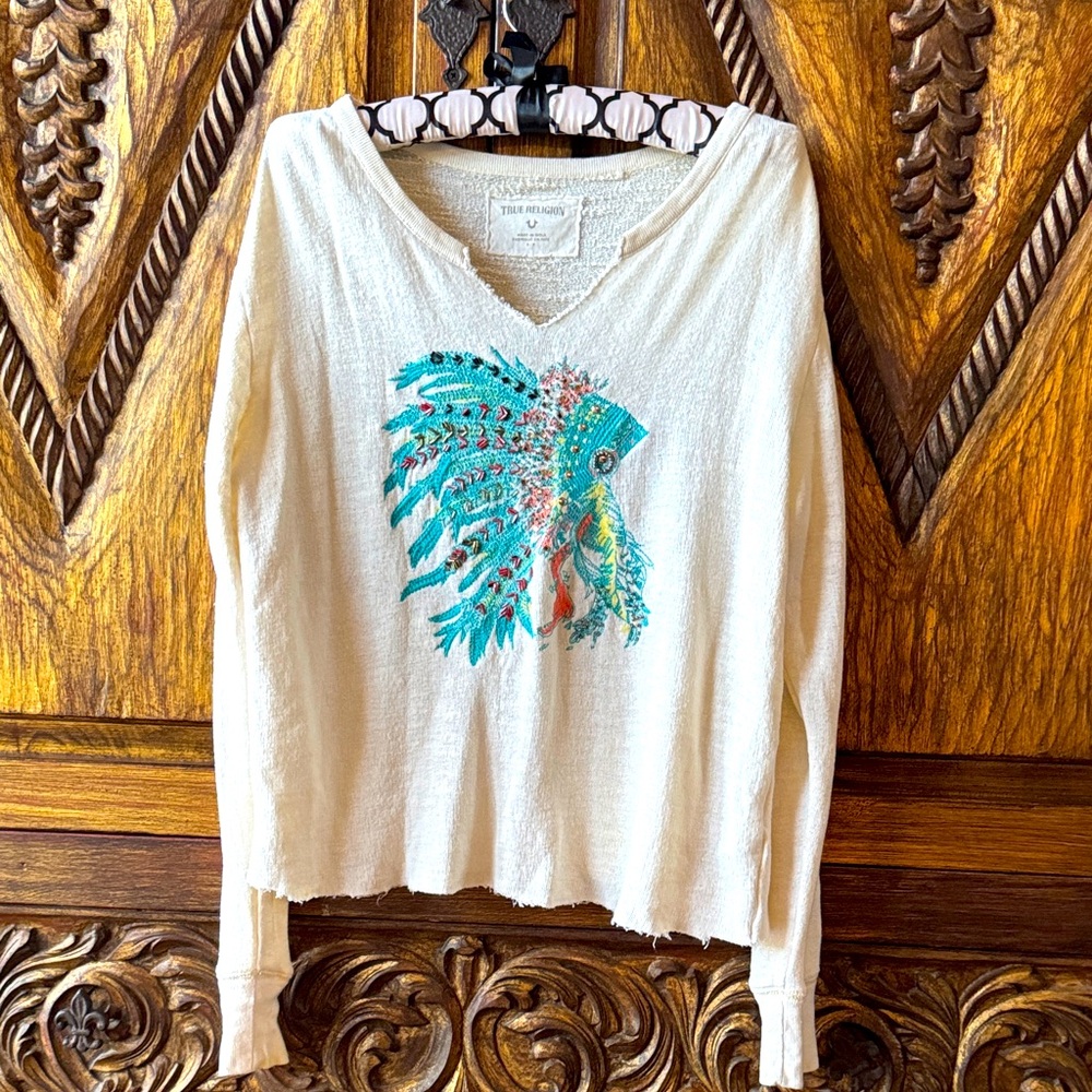 True Religion Cream Sweatshirt with Turquoise Print
